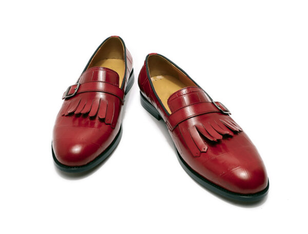 Wolven Handcrafted Men's Red Croco Leather Frings Buckle Loafers with Rubber Sole - Image 5
