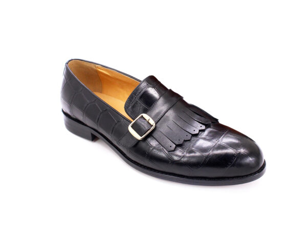 Wolven Handcrafted Men's Black Croco Leather Frings Buckle Loafers with Rubber Sole