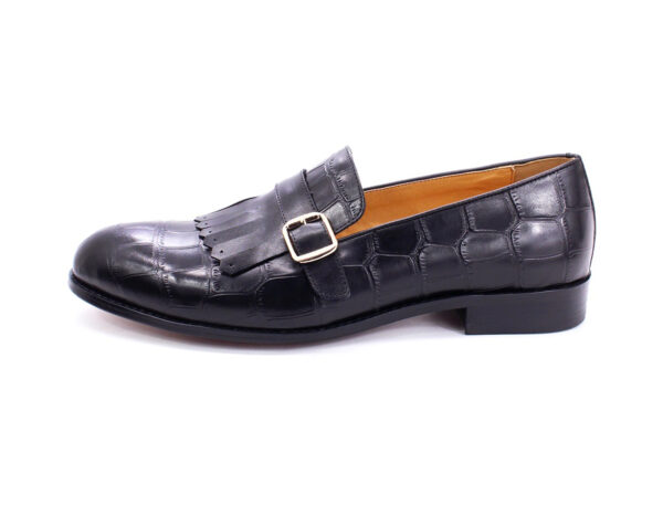Wolven Handcrafted Men's Black Croco Leather Frings Buckle Loafers with Rubber Sole - Image 2