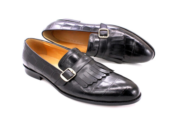 Wolven Handcrafted Men's Black Croco Leather Frings Buckle Loafers with Rubber Sole - Image 3