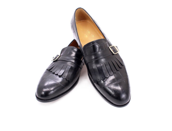 Wolven Handcrafted Men's Black Croco Leather Frings Buckle Loafers with Rubber Sole - Image 5