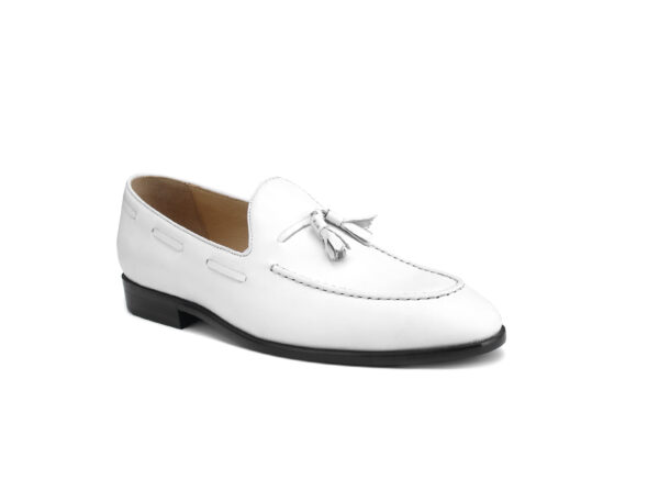 Wolven Handcrafted Men's Dibes White Leather Tassel Loafers with Rubber Sole