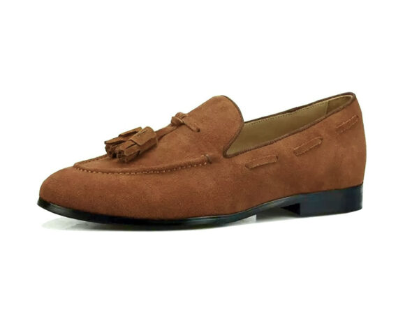 TAN SUEDE LEATHER APRON TOE LONG VAMP TASSELS LOAFERS FOR MEN BY WOLVEN MILANO