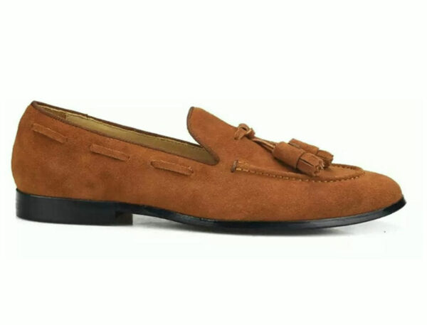 TAN SUEDE LEATHER APRON TOE LONG VAMP TASSELS LOAFERS FOR MEN BY WOLVEN MILANO - Image 2