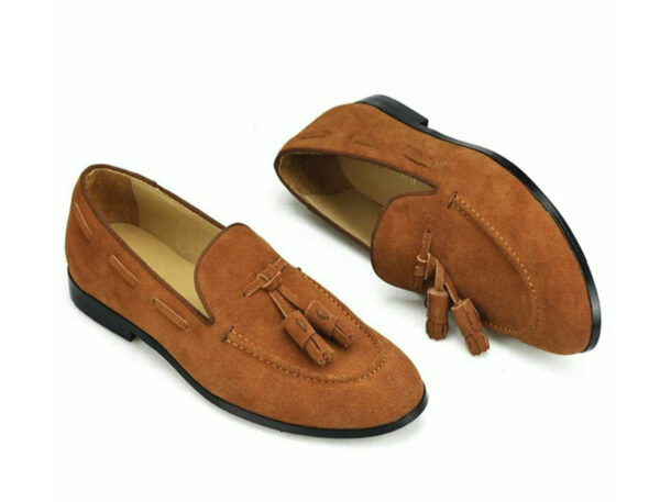 TAN SUEDE LEATHER APRON TOE LONG VAMP TASSELS LOAFERS FOR MEN BY WOLVEN MILANO - Image 3