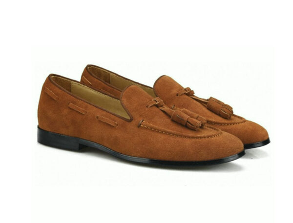 TAN SUEDE LEATHER APRON TOE LONG VAMP TASSELS LOAFERS FOR MEN BY WOLVEN MILANO - Image 4
