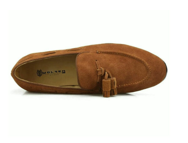 TAN SUEDE LEATHER APRON TOE LONG VAMP TASSELS LOAFERS FOR MEN BY WOLVEN MILANO - Image 5
