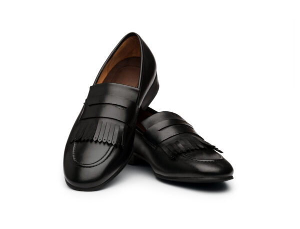 Wolven Handcrafted Men's Sank Black Calf Leather Frings Slip-on with Rubber Sole - Image 3