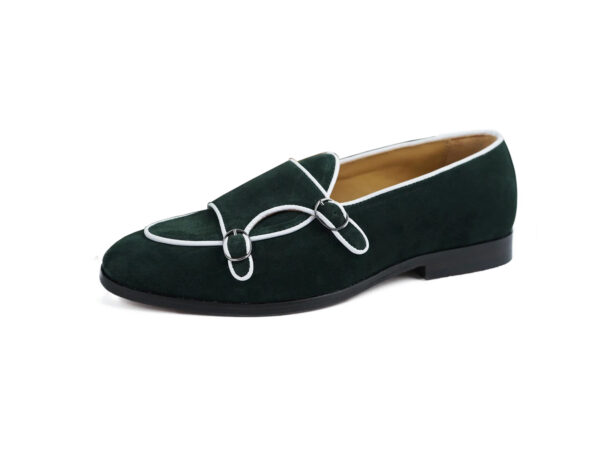 Wolven Handcrafted Men's Kint Green Suede Leather Monk Loafers with Rubber Sole