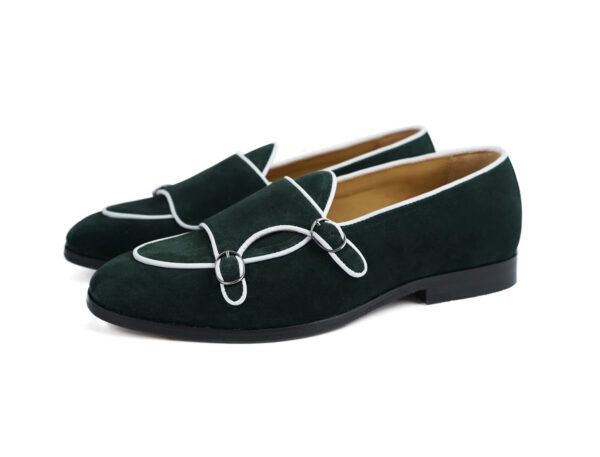 Wolven Handcrafted Men's Kint Green Suede Leather Monk Loafers with Rubber Sole - Image 2