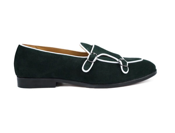 Wolven Handcrafted Men's Kint Green Suede Leather Monk Loafers with Rubber Sole - Image 3