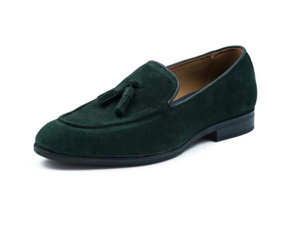 Wolven Handcrafted Men's Oois Green Suede Leather Tassel Loafers with Rubber Sole
