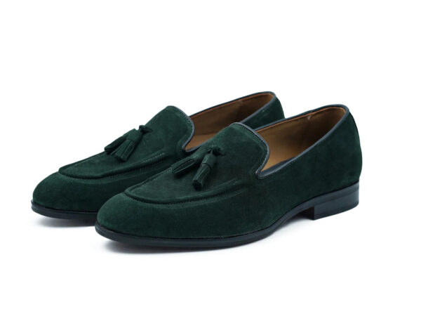 Wolven Handcrafted Men's Oois Green Suede Leather Tassel Loafers with Rubber Sole - Image 2