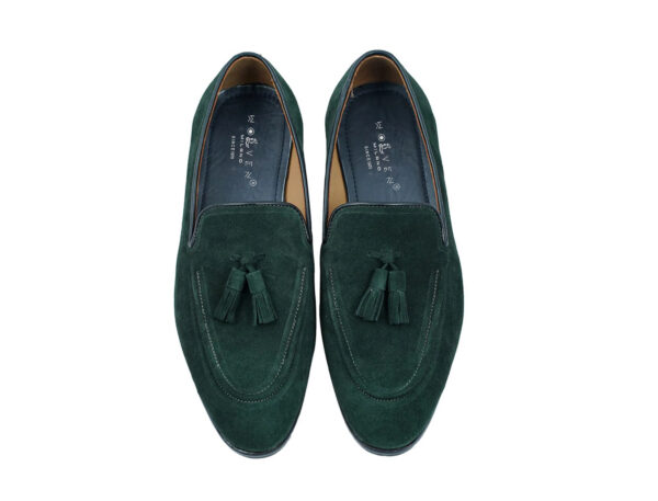 Wolven Handcrafted Men's Oois Green Suede Leather Tassel Loafers with Rubber Sole - Image 3