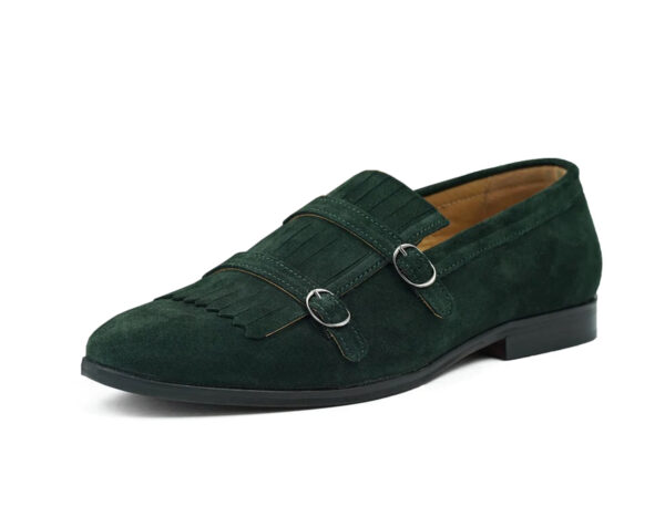 Wolven Handcrafted Men's Oois Green Suede Leather Monk Loafers with Rubber Sole