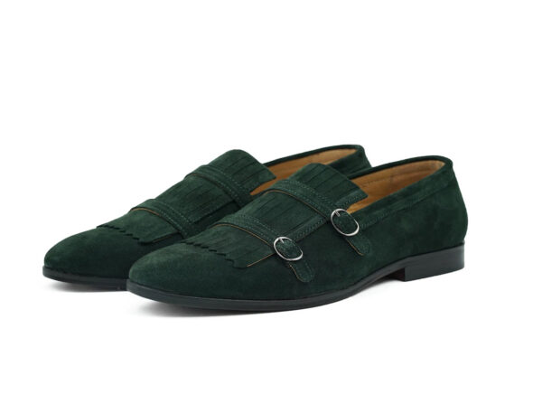Wolven Handcrafted Men's Oois Green Suede Leather Monk Loafers with Rubber Sole - Image 2