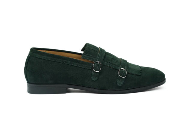 Wolven Handcrafted Men's Oois Green Suede Leather Monk Loafers with Rubber Sole - Image 3