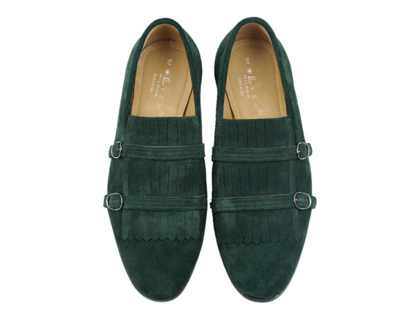 Wolven Handcrafted Men's Oois Green Suede Leather Monk Loafers with Rubber Sole - Image 5