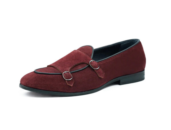 Wolven Handcrafted Men's Labaria Burgundy Suede Leather Monk Loafers with Rubber Sole
