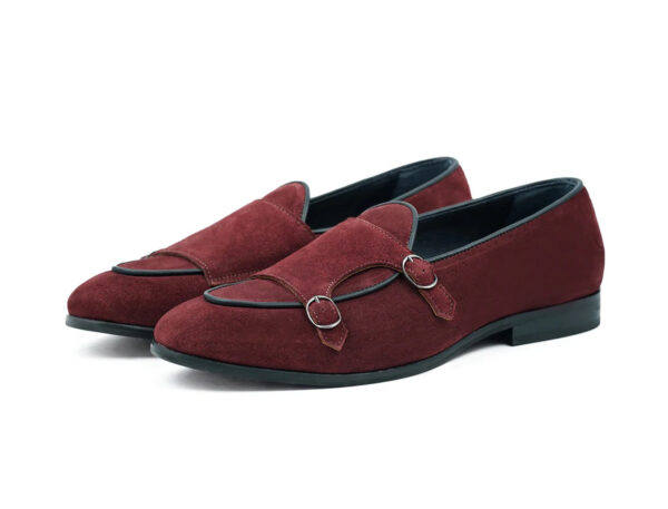 Wolven Handcrafted Men's Labaria Burgundy Suede Leather Monk Loafers with Rubber Sole - Image 2