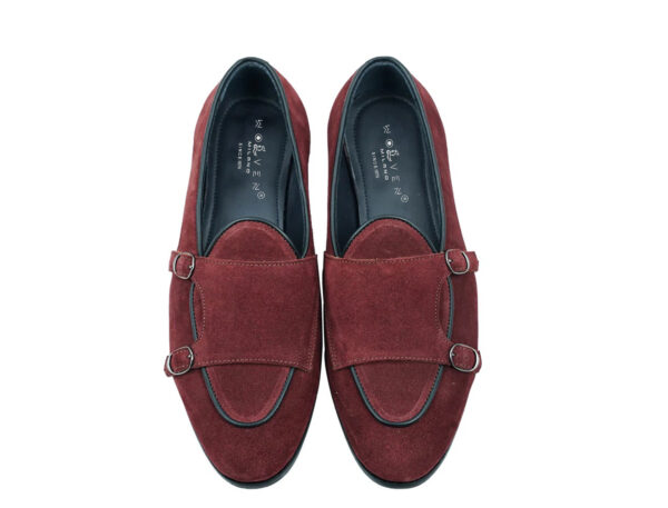 Wolven Handcrafted Men's Labaria Burgundy Suede Leather Monk Loafers with Rubber Sole - Image 3