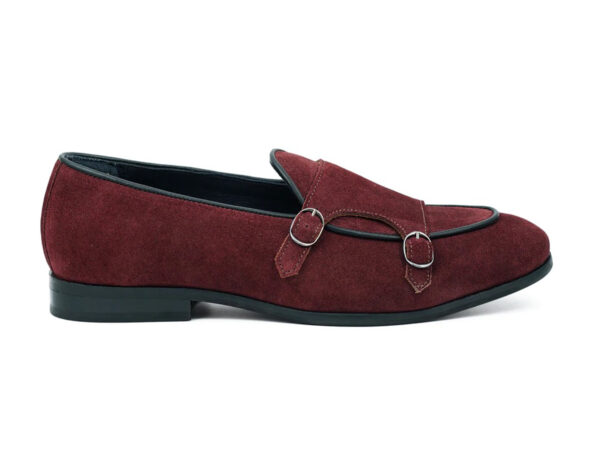 Wolven Handcrafted Men's Labaria Burgundy Suede Leather Monk Loafers with Rubber Sole - Image 4