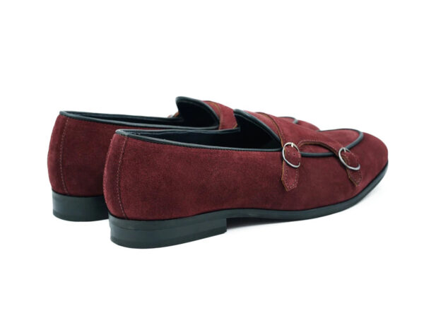 Wolven Handcrafted Men's Labaria Burgundy Suede Leather Monk Loafers with Rubber Sole - Image 5