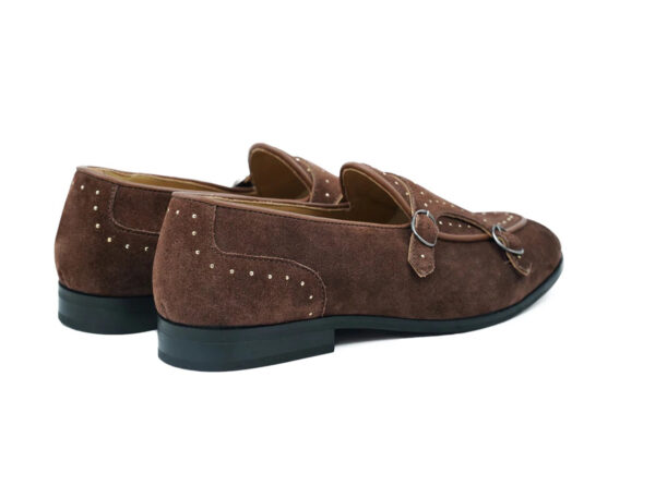 Wolven Handcrafted Men's Square Brown Suede Leather Monk Studs Loafers with Rubber Sole - Image 4