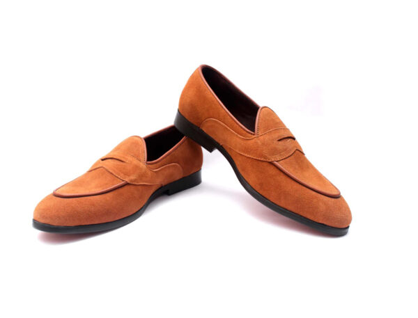 Wolven Handcrafted Men's Square B. Brown Suede Leather Tie Loafers with Rubber Sole - Image 3