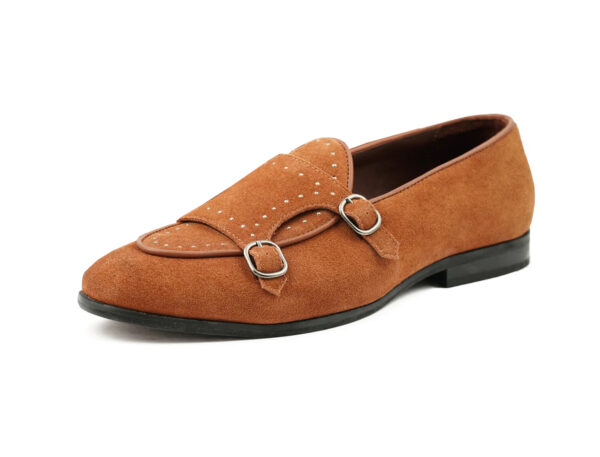 Wolven Handcrafted Men's Cognac B. Brown Suede Leather Monk Studs Loafers with Rubber Sole