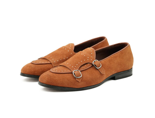 Wolven Handcrafted Men's Cognac B. Brown Suede Leather Monk Studs Loafers with Rubber Sole - Image 2