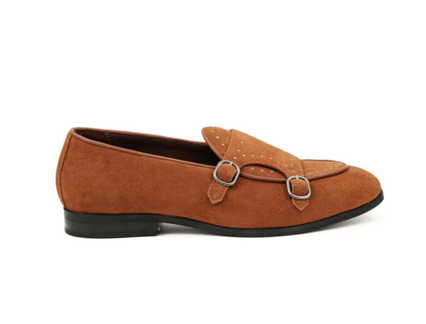 Wolven Handcrafted Men's Cognac B. Brown Suede Leather Monk Studs Loafers with Rubber Sole - Image 3