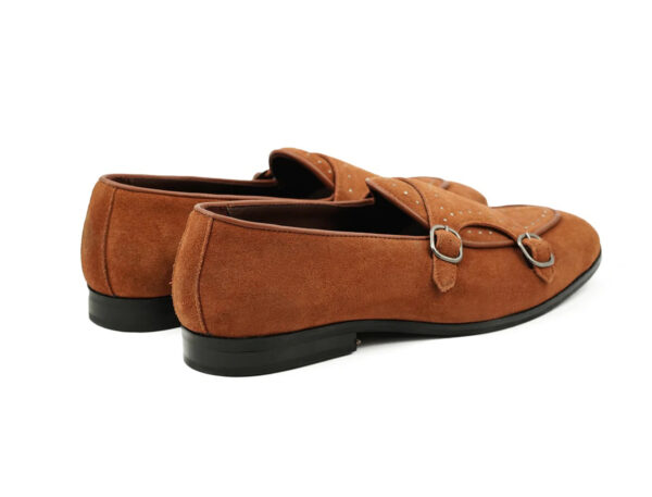 Wolven Handcrafted Men's Cognac B. Brown Suede Leather Monk Studs Loafers with Rubber Sole - Image 4