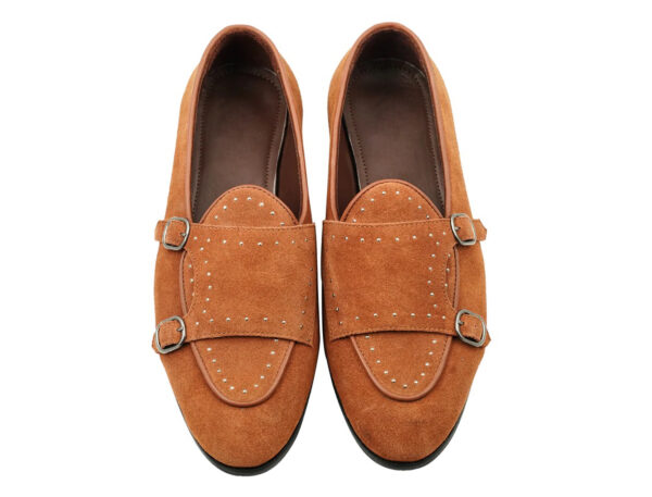 Wolven Handcrafted Men's Cognac B. Brown Suede Leather Monk Studs Loafers with Rubber Sole - Image 5