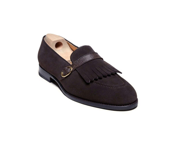 Wolven Handcrafted Men's Jeen Brown Suede Leather Fringe Loafers with Rubber Sole
