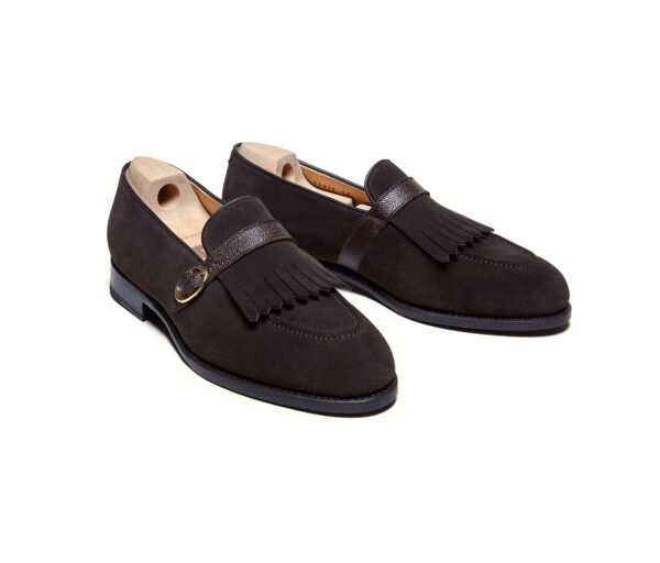 Wolven Handcrafted Men's Jeen Brown Suede Leather Fringe Loafers with Rubber Sole - Image 2