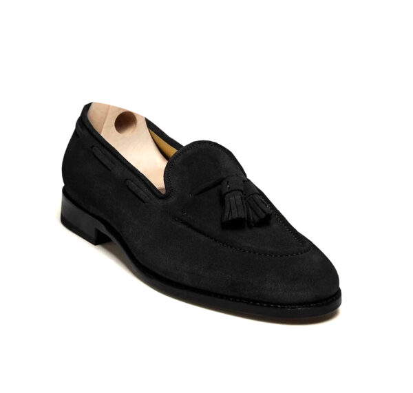 Wolven Handcrafted Men's Alice Black Suede Leather Tassel Penny Loafers with Rubber Sole